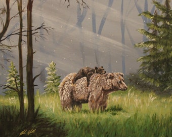 Bear Art Print | Mother and Cub | Parent and Baby | Wildlife Nature painting | Home and office wall decor | Art print of Acrylic Painting