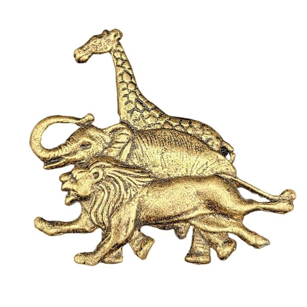 Wildlife Brooch Brass Pin Giraffe Lion Elephant African Animals