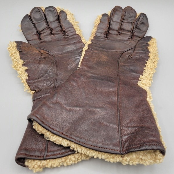 Curly Lambswool Leather Gloves Trapper Trail Ride Woodsman Brown Size 6.5 VTG