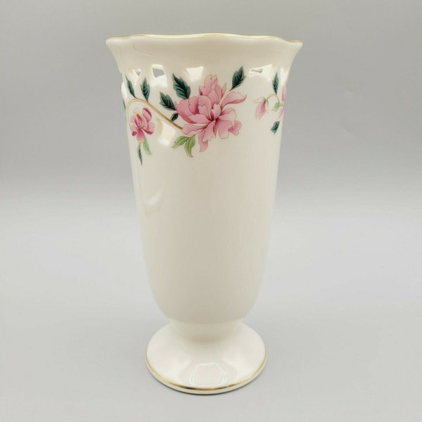 Lenox Barrington Collection Pink Floral Reticulated Pierced Vase Gold Trim