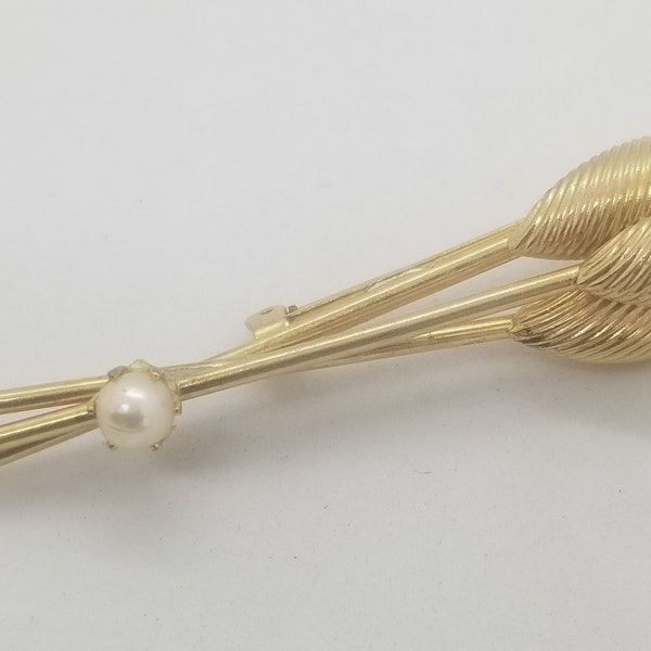 Cattails Brooch Gold Tone Faux Pearl Wheat Sheaf Pin Autumn Fall Costume Jewelry