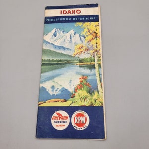 Carte pliée de l'Idaho des années 1950, points d'intérêt, carte de tourisme, Chevron Supreme RPM Oil