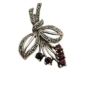 Marcasite and Red Garnet Floral Bouquet Brooch Sterling Silver 925 Setting