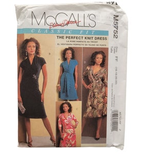 May include: A sewing pattern for a knit dress. The pattern is called "The Perfect Knit Dress" and is from McCall's Classic Fit. The pattern includes instructions for making a dress with a wrap style and a V-neck. The pattern is available in sizes 16-18-20-22.