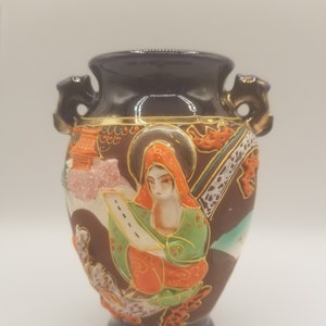 Japanese 1940&#39;s Satsuma Ware Vase w Handles Moriage Cobalt Blue Gold Gilt