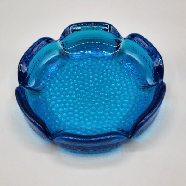 Blenko Ashtray Sapphire Blue Lotus Flower Pebble Textured Six Petals MCM Glass