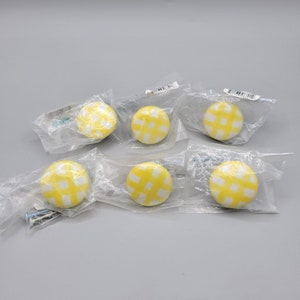 Laurey Ceramic Drawer Knobs Pulls Yellow Gingham Check White Round Set of 6