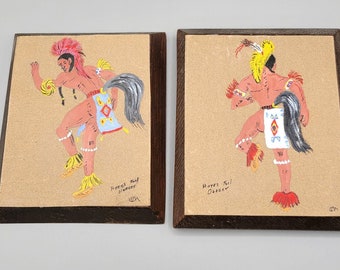 Amérindien Horse Tail Dancer Peintures acryliques Petit ensemble deux artistes signés