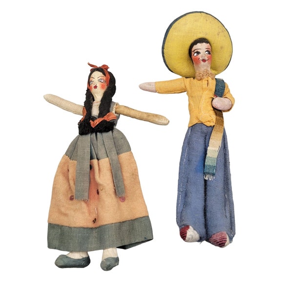 Souvenir Mexican Dolls Traditional Clothing Couple Hand Painted Faces 2 1940's