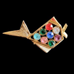 Modernist Fish Brooch Multi Color Rhinestones Pin Gold Tone