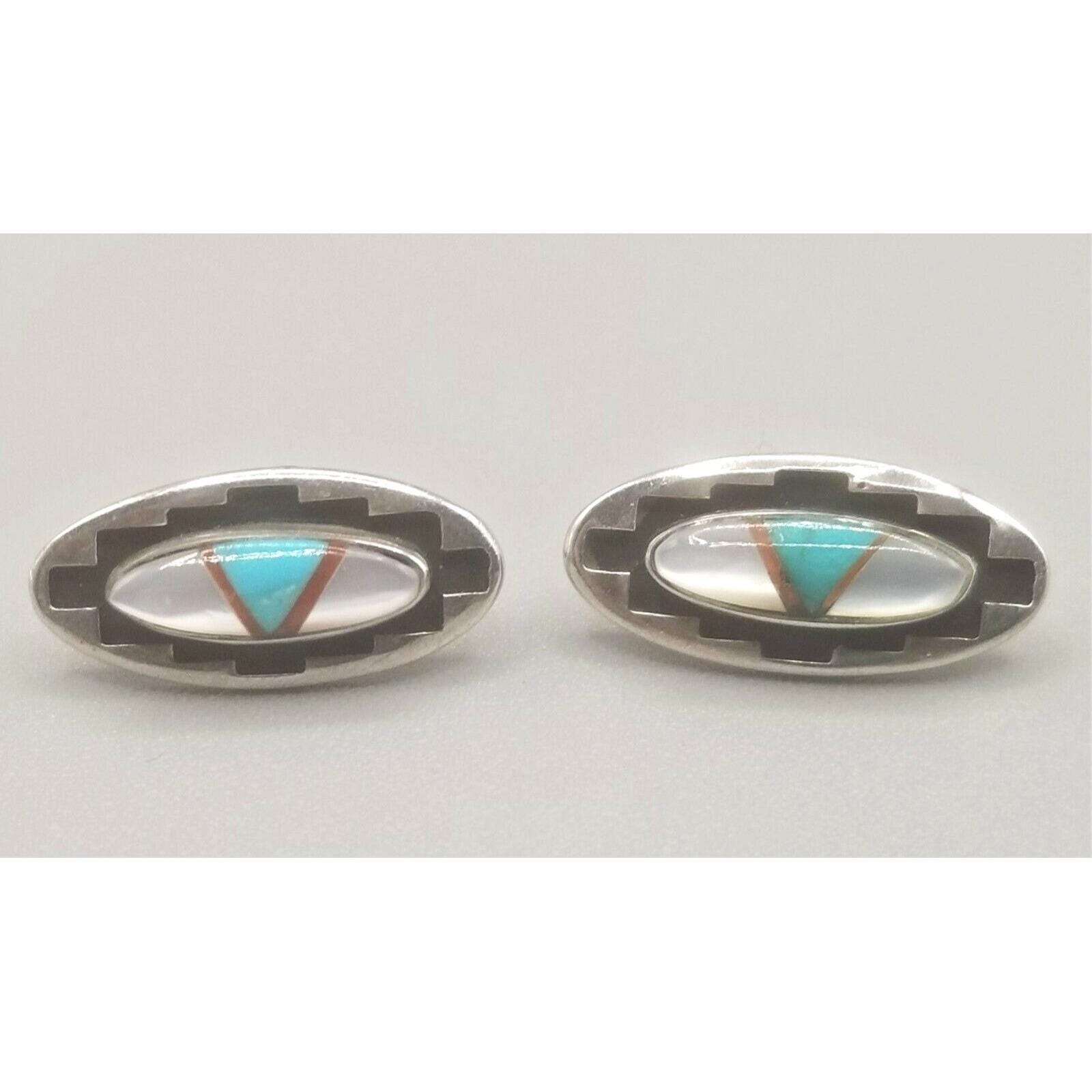 Teme Sterling Silver Zumi Inlayed Stones Native American Earrings Signed