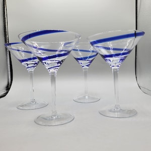 Pier 1 Swirline Blue Swirl Clear Glass Martini Glasses Cocktail Stemware Set 4