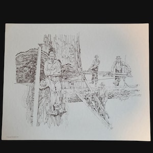 May include: Black and white pen and ink drawing of lumberjacks felling a giant tree. One man sits on the tree trunk, while others work on a platform with saws and ropes. The artwork depicts a historical logging scene.