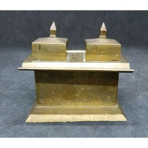 Solid Brass Double Inkwell Pen Holder Asian Motif Dragon and Flowers
