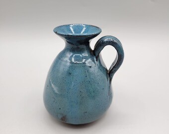 Handmade Blue Pottery Mini Jug Vase With Handle Artist Signed 4 Inch
