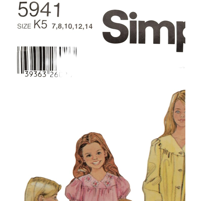 Simplicity Pattern Children Girls Nightgown Pajamas 5941 Easy Size K5 7-14 UNCUT image 2