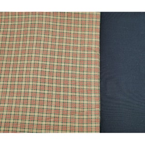 Plaid Checked Red Beige Green with Solid Green Cotton Blend Fabric 1 3/4Yards