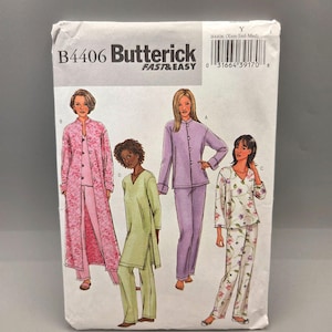 May include: A Butterick sewing pattern envelope, B4406, featuring illustrations of four pajama sets. The sets include a long pink robe, a lavender button-up set, a green tunic and pants, and a floral print pajama set. The words "FAST & EASY" are printed on the envelope.