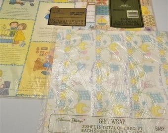 Vintage Gift Wrap Hallmark American Greetings Baby Shower NIP Lot of 3
