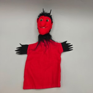 Vintage 1960s Red Devil Hand Puppet With Black Hair Cotton Fabric Felt Details