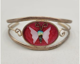 Alpaca Mexican Silver Butterfly Inlay Cuff Bracelet Abalone Mother of Pearl