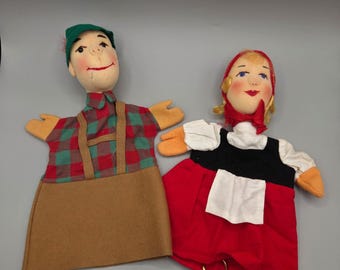 1960s Kersa Hand Puppet Set Bavarian Couple Hansel and Gretel Fabric Felt