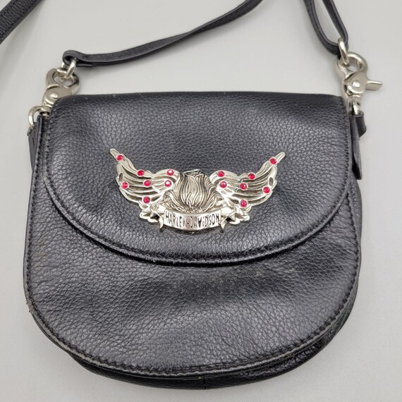 Harley Davidson Black Leather Crossbody Bag Metal Wing Logo Red