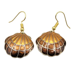 Cloisonne Enamel Scallop Shell Earrings Brown Gold Dangle Drop Wire Hooks