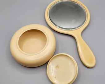 French Ivory Celluloid Beveled Hand Mirror and Powder Jar Vanity