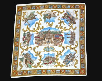 Bufanda italiana de Roma con emblemáticos monumentos romanos, color blanco y dorado, poliéster, Italia.