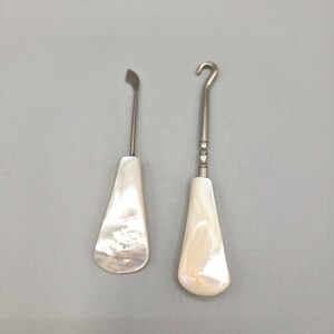 Antique Victorian Mother of Pearl Button Hook Manicure Tool Set Stainless Steel