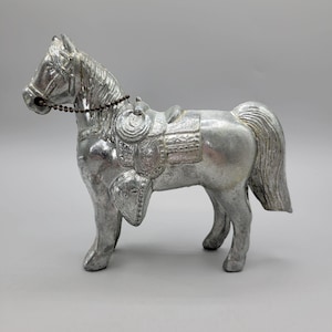 1950s Cast Metal Horse Figurine Saddle & Chain Details Silver Tone Finish