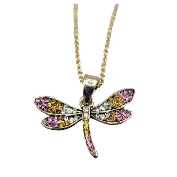 Dragonfly Rhinestone Encrusted Crystals Pendant Necklace Gold Tone 17" Chain