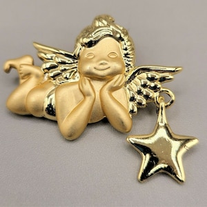 AJC Angel with Hanging Star Brooch Polished and Matte Finish Christmas Pin