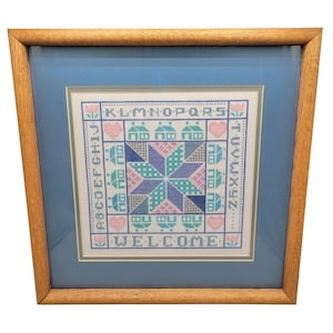 Welcome Sampler Cross Stitch Blue Pink Quilt Pattern Wood Framed