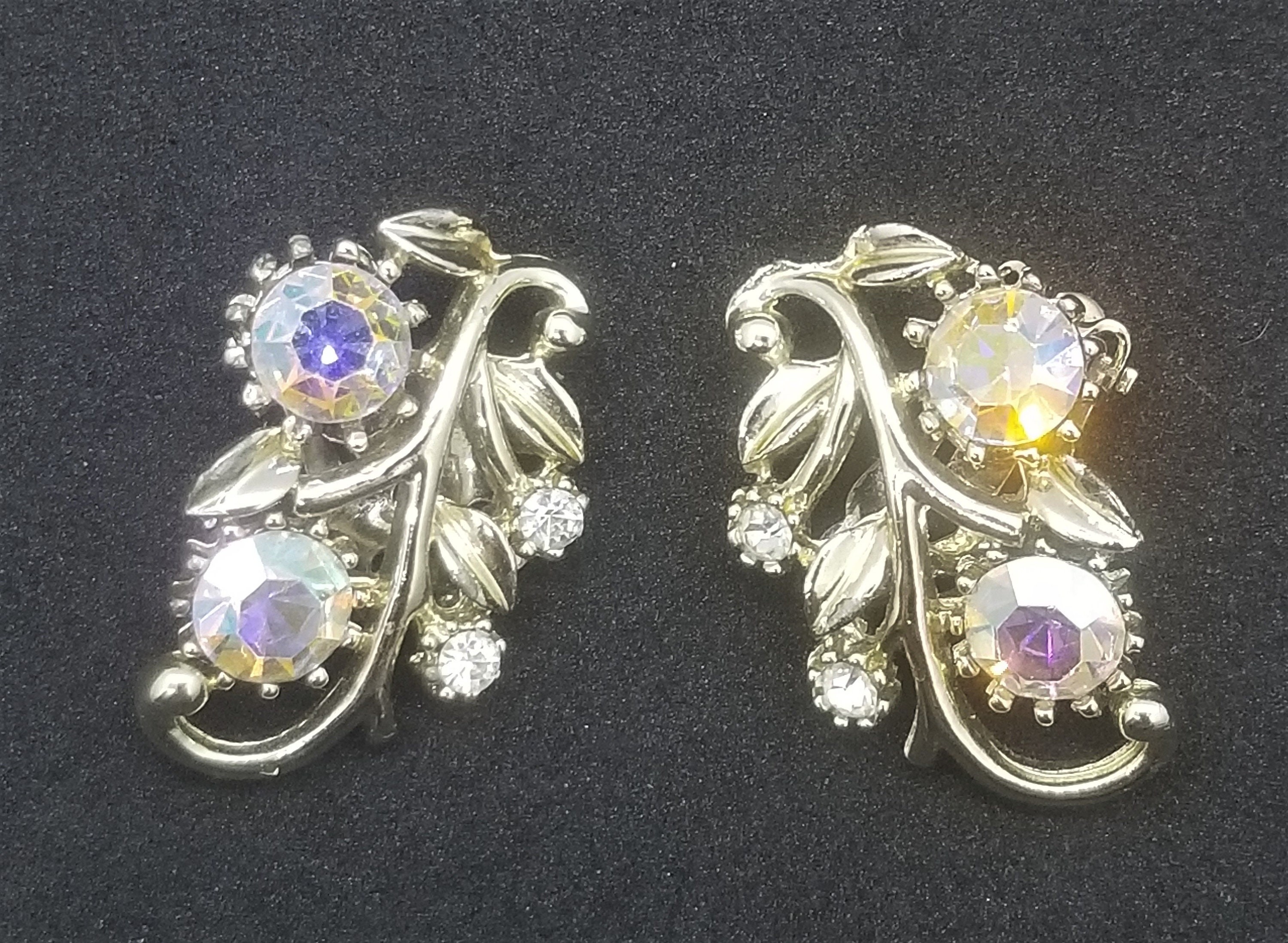 Coro Aurora Borealis Clear Rhinestone Gold Tone Floral Clip On Signed Earrings