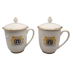 China Orient Express Tea Cups with Lids Porcelain Gold Gilt Dragons Souvenir Coffee Mugs
