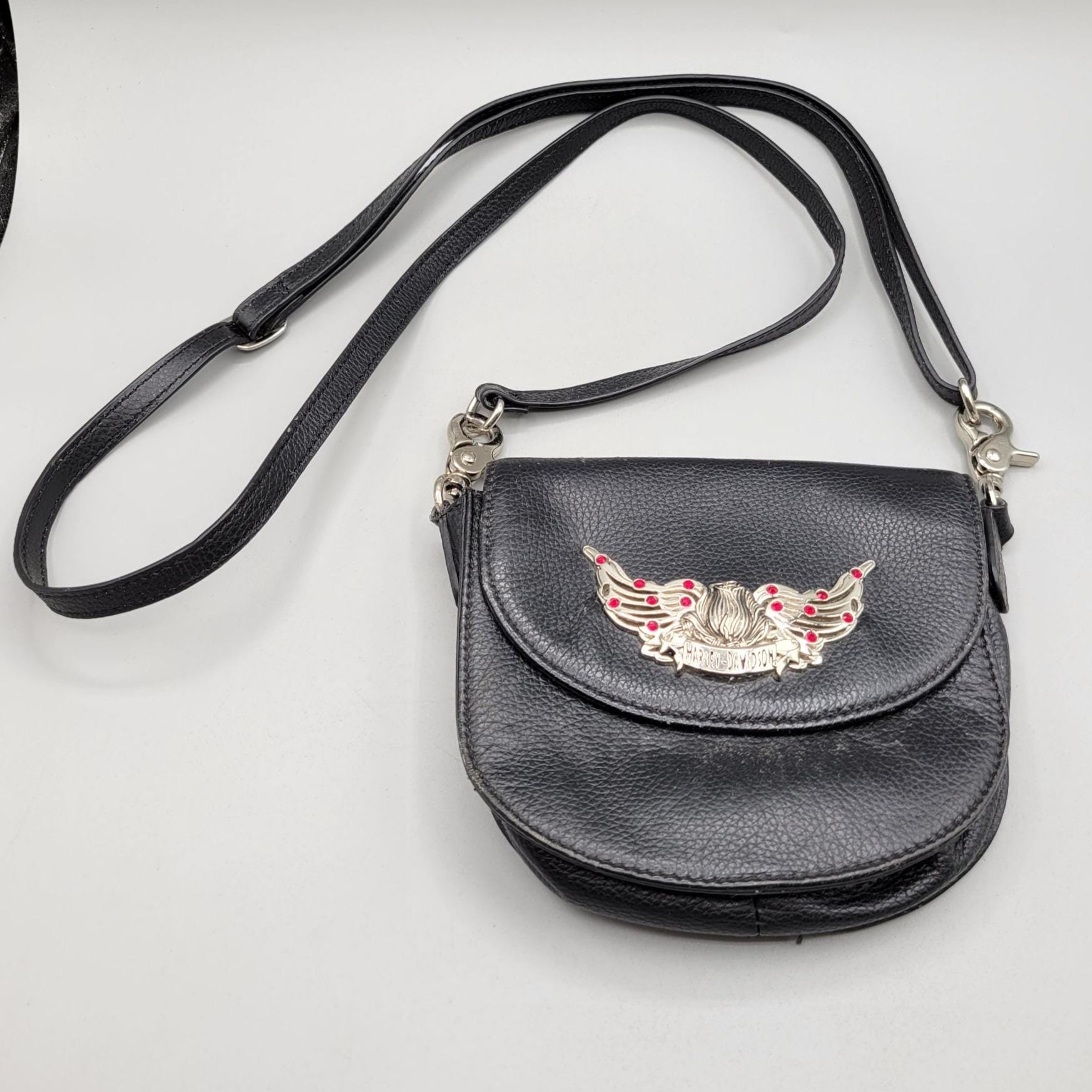Harley Davidson Black Leather Crossbody Bag Metal Wing Logo Red