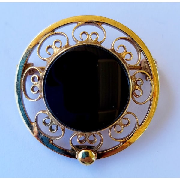 Catamore Brooch Onyx Scroll Work Pin 1/20 12K Gold Filled Setting