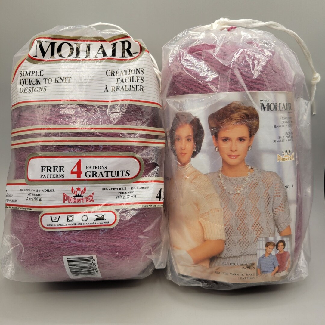 Vintage Phentex Mohair Yarn 4 Patterns Included 2 Skeins Black Currant ...