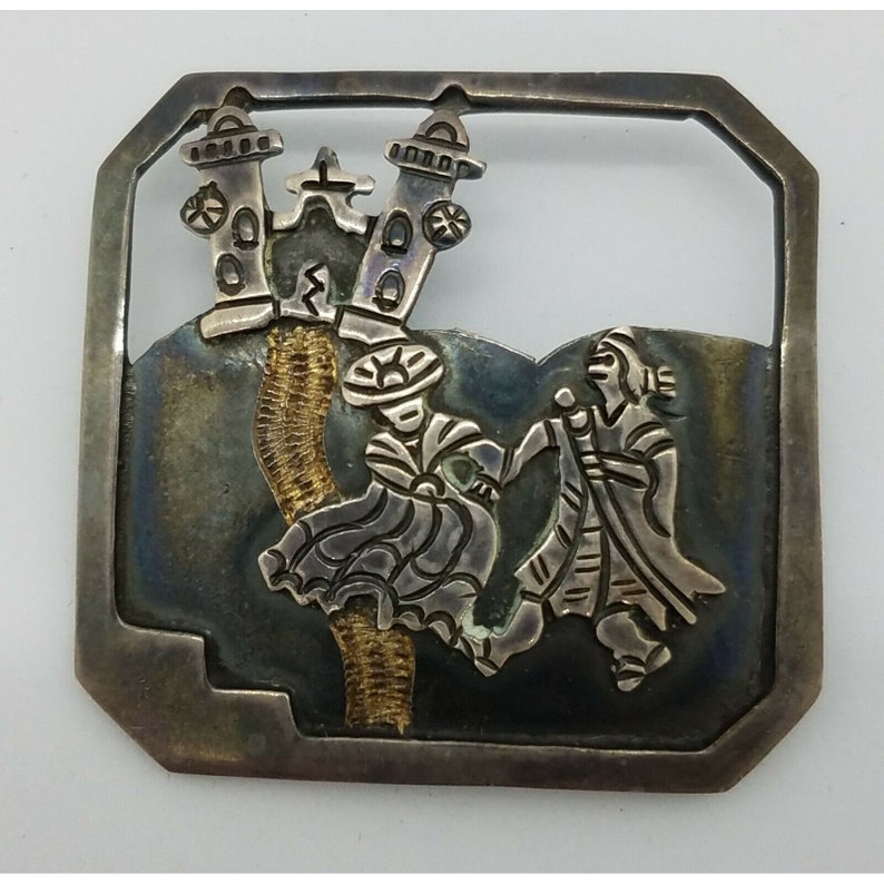 Vintage 925 Sterling Silver Peru Chavez Pictoral Embossed Brooch Pin