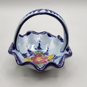 Hand Painted Portugal Ceramic Basket With Ruffled Edge Floral Design