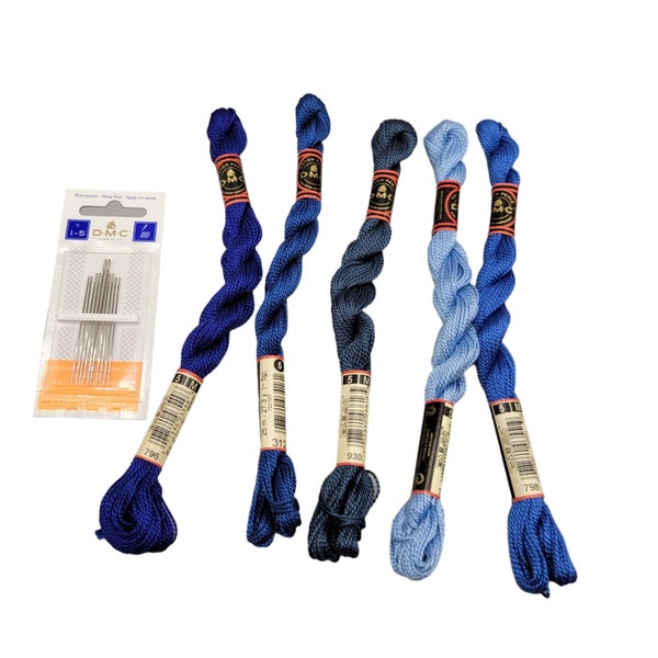 DMC 5 Perle Cotton Embroidery Floss and Needle Pack Lot of Five Blue Shades