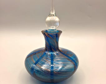 Hand-Blown Blue Copper Swirl Glass Perfume Bottle With Clear Stopper EMPTY