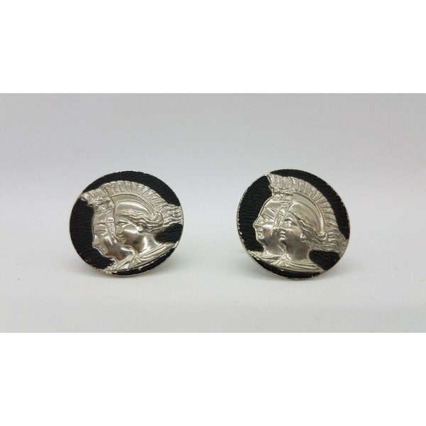 Centurion Ancient Roman Soldier Relief Silver Tone Black Cufflinks 1 1/8" Disks