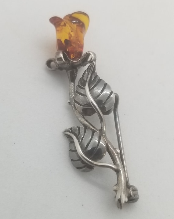 Amber Sterling Silver 925 Brooch Pin Unopened Ros… - image 1