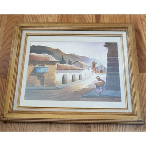 ANDEAN Woman In Village with Mission ORIGINAL SIGNED Watercolor Framed Painting