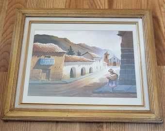 ANDEAN Woman In Village with Mission ORIGINAL SIGNED Watercolor Framed Painting