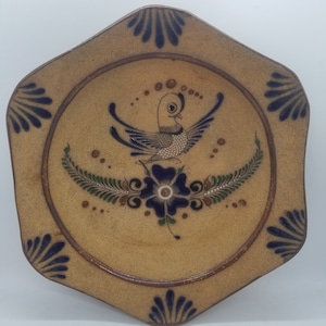 Mexican Tonala Folk Art Pottery Decorative Bowl Wall Hanging with Bird & Flowers