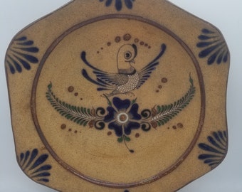 Mexican Tonala Folk Art Pottery Decorative Bowl Wall Hanging with Bird & Flowers